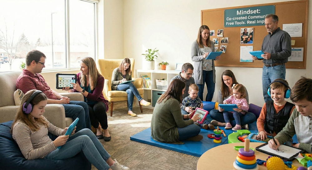 Families and children using digital tools together in a calm library setting